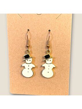 Gold-Tone Snowman Dangle Earrings With Black Hat & White Enamel Finish Winter-Th